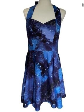Backless Galaxy Print Halter Dress - Blue